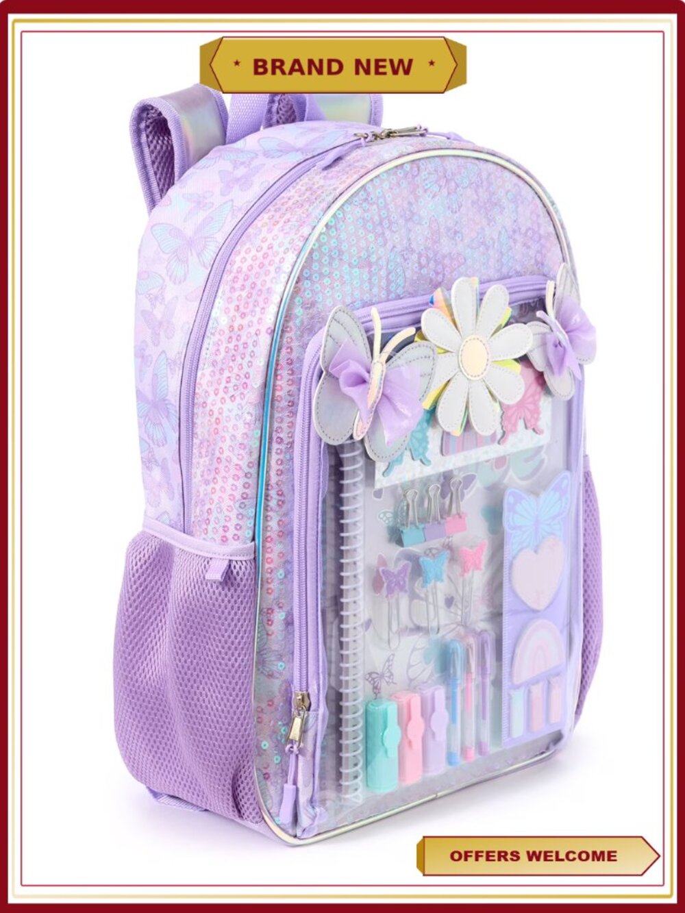Kids 17" Butterfly & Daisies Backpack with Stationery Set, School Supplies